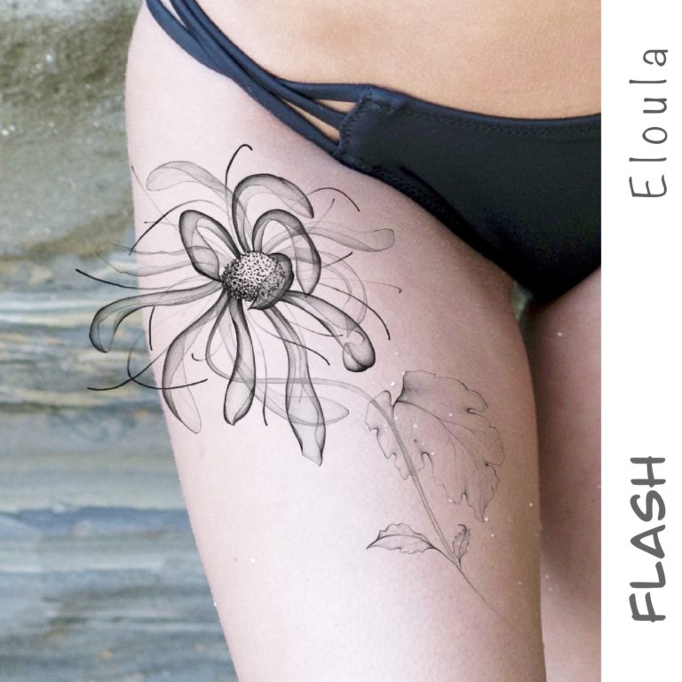 Photomontage suggérant le placement d’un tattoo d’un chrysanthème sur une cuisse