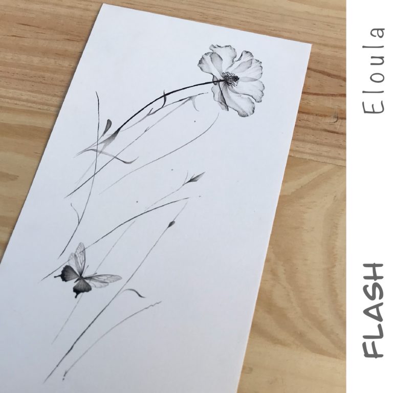 Dessin d’un Flash tattoo lignes végétales et magnolia X-ray, à angoulême