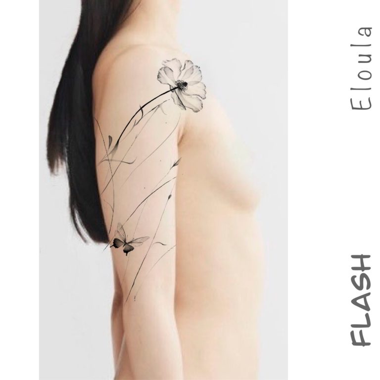 Photomontage d’un tatouage de lignes végétales et magnolia XRay sur un bras angouleme
