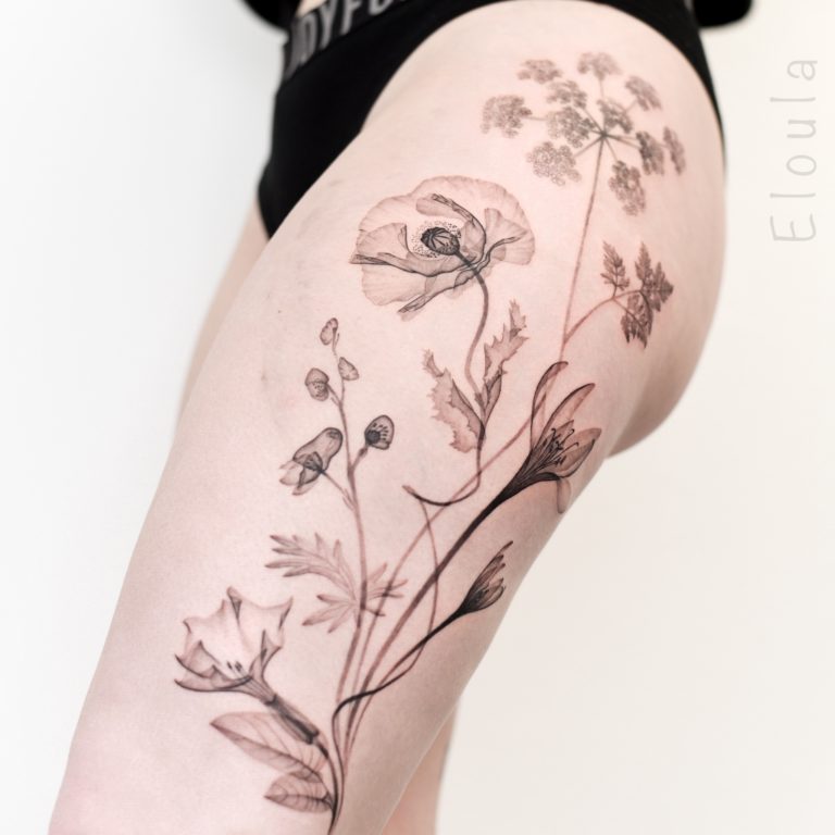 Tattoo bouquet fleur cuisse X-Ray