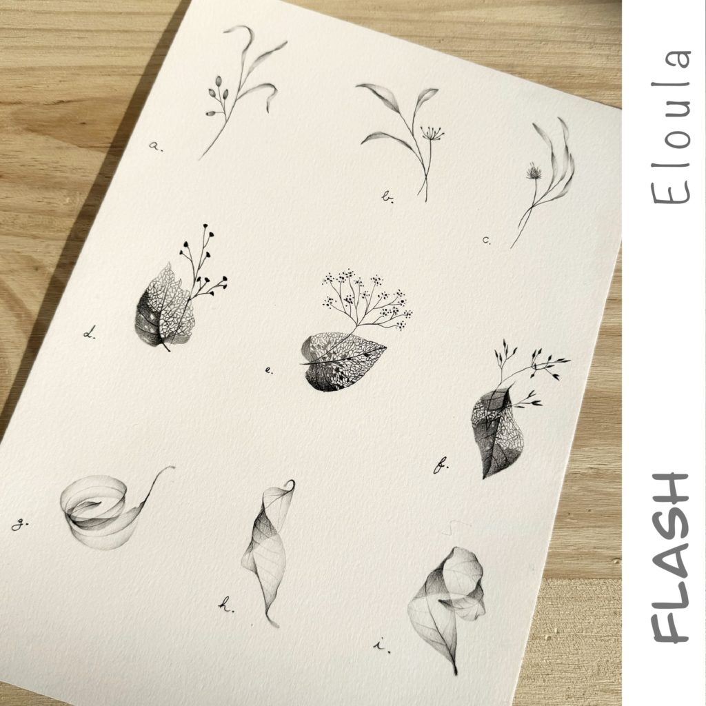 Dessin d’un Flash tattoo feuilles florales X-ray, à angoulême