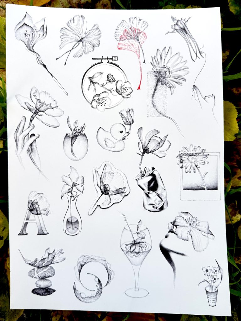 Dessin de Flash tattoo surrĂ©aliste avec fleurs en style X-ray Ă angoulĂȘme. Allumette, Ginkgo, Ancolie, Chat, Broderie, Narcisse Jonquille main Ćuf crocus canard tulipe magnolia cannette PolaroĂŻd marguerite sticker coquelicot vase lettre eglantier chĂȘne pierre rosĂ© verre visage clĂ©matite dĂ© Ă coudre